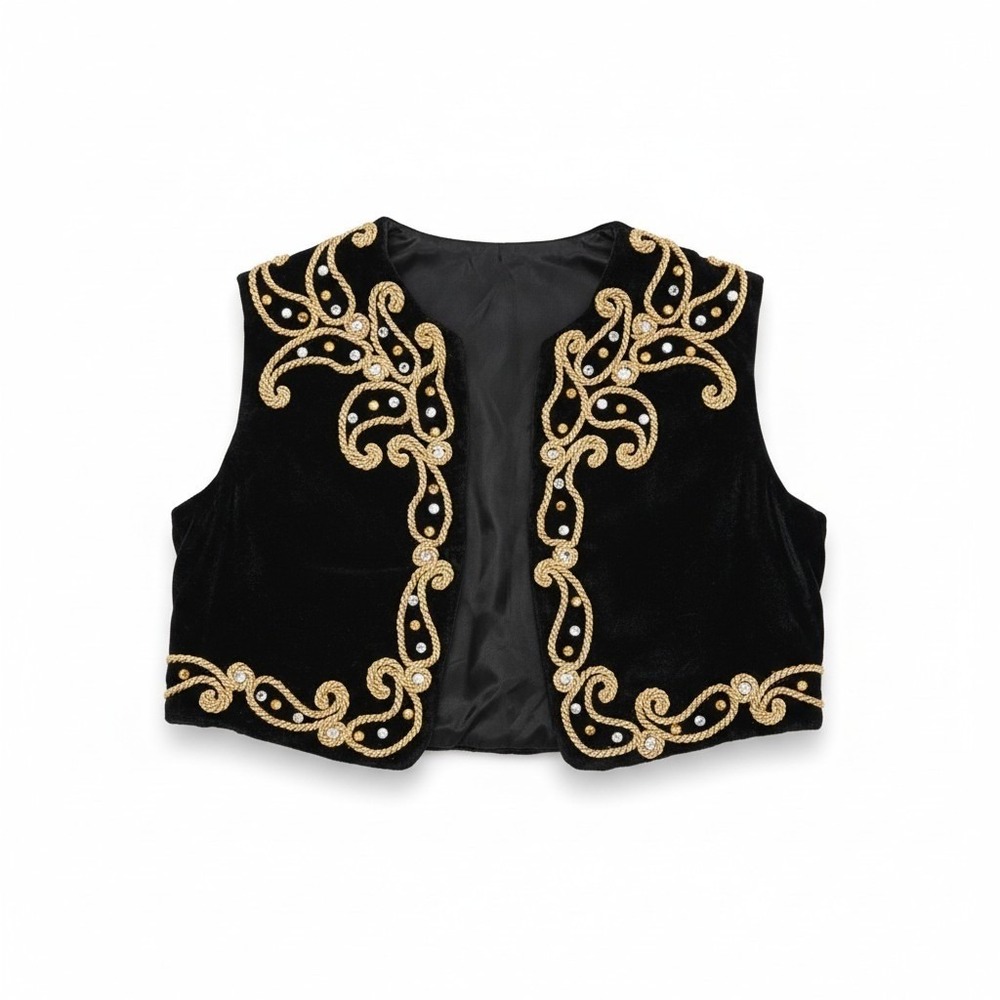 Glen-Tex Vintage Black Velvet Bolero Vest Gold Rope Embroidery Rhinestones